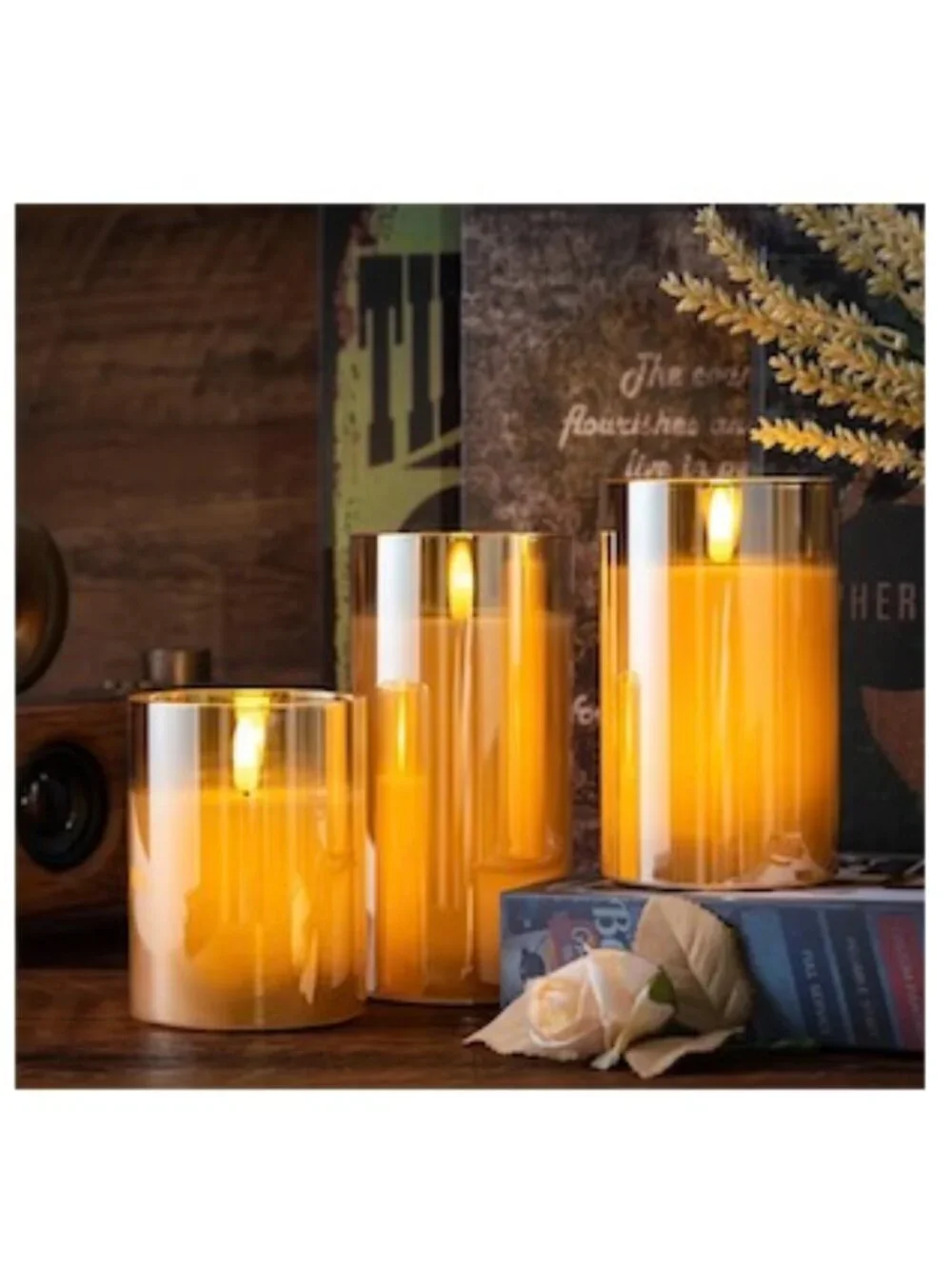 Rachel Zoe Set of 3 Gold Glass Flameless LED Candles Remote Control Timer NEW